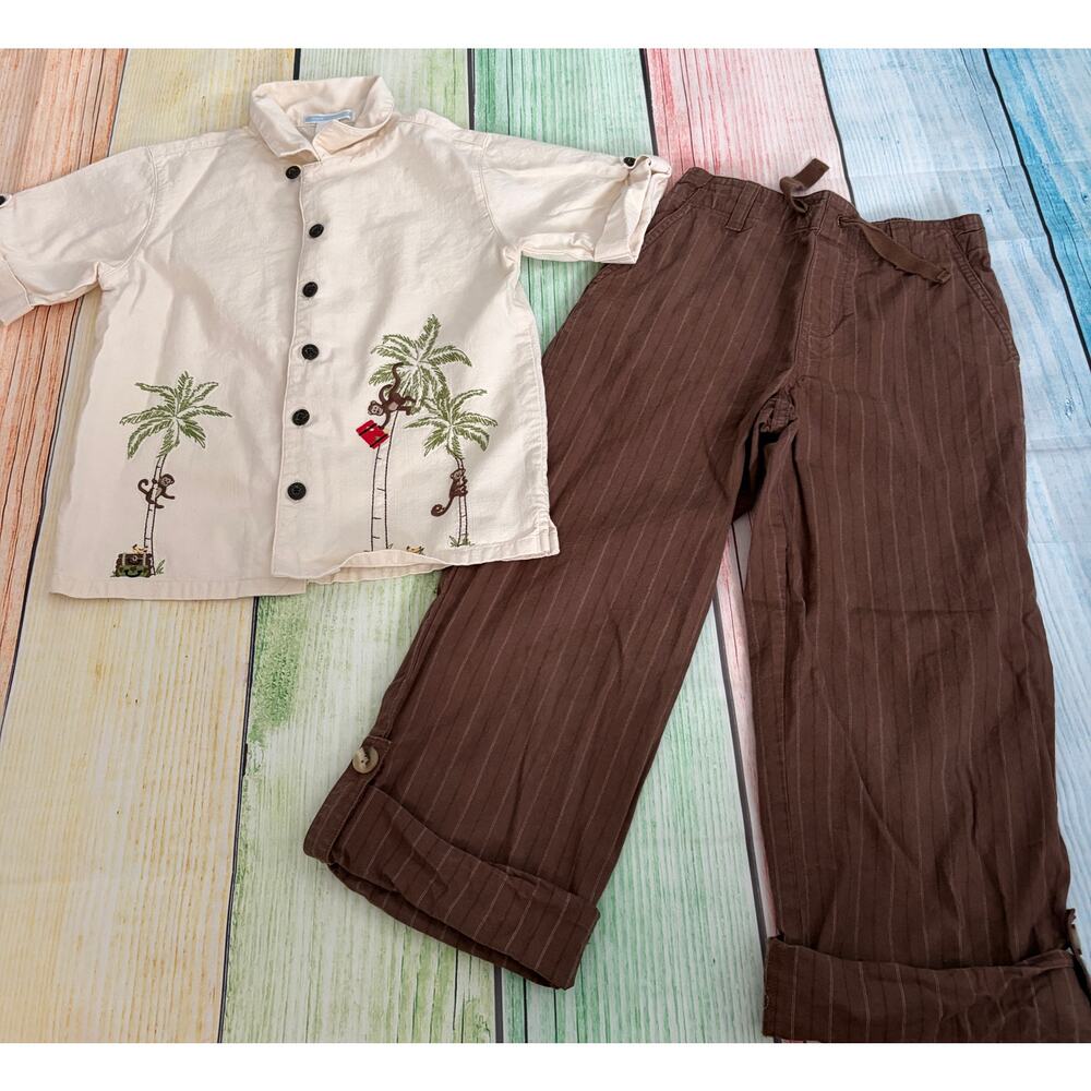 Janie and Jack Y2K World Traveler Set 5T/6 Boys Linen Monkey Embroidered Outfit
